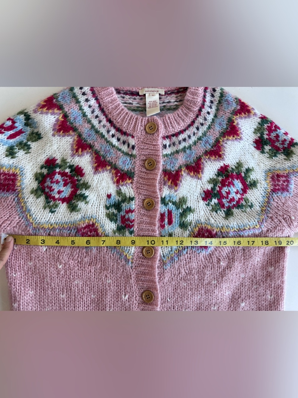 Sundance Irish Rose Fair Isle Wool Pink Button Down Cardigan Sweater Boho Size S - Picture 8 of 9
